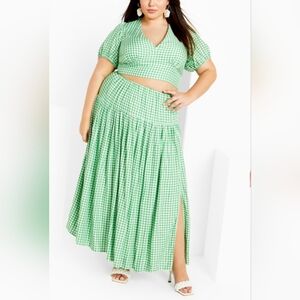 🆕 City Chic Plus Size 14 1X Set Green Gingham Plaid Crop Top Maxi Skirt Outfit